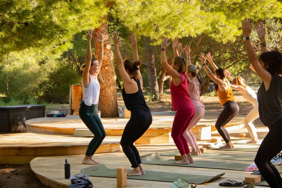 Grupo practicando yoga en la tarima circular entre pinos.